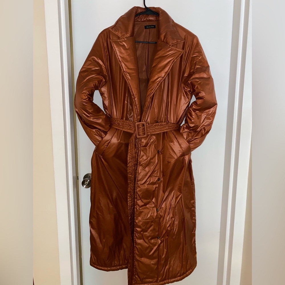 SOLD://Massimo Dutti Brown and Orange Puffer Coat with Belted Waist